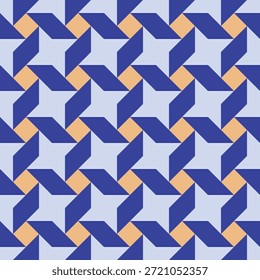 Seamless geometric pinwheel pattern with rotating triangle shapes in blue and yellow creating modern abstract background for textile, fabric, packaging, wallpaper and surface design