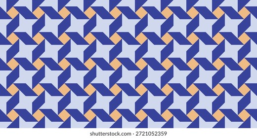 Seamless geometric pinwheel pattern with rotating triangle shapes in blue and yellow creating modern abstract background for textile, fabric, packaging, wallpaper and surface design