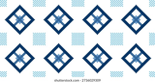 Seamless geometric pixel art pattern. Blue and white diamond shapes with small mosaic checkerboard grid background. Traditional ethnic textile style.