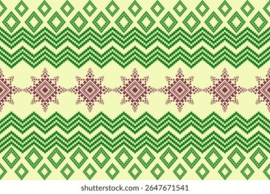 Naadloze geometrische en pixelpatroon, rode ster en groene diamant, regen herfst bloemen bloeien