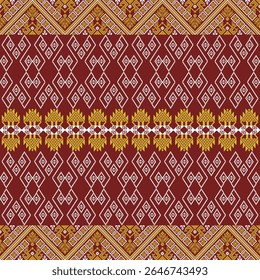 Seamless geometric pixel patterns in shades of bright red, dark brown, yellow and white. Vintage tribal fashion, cushions, curtains, embroidered boxes, packaging design.