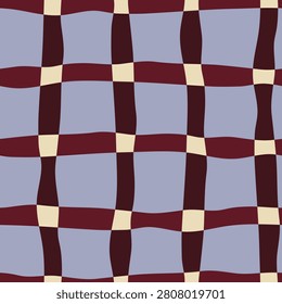 Seamless geometric plaid pattern with wavy burgundy lines, pale lilac squares and small cream intersections. Suitable for fabric, wallpaper, gift wrap, stationery, packaging, cards and labels.