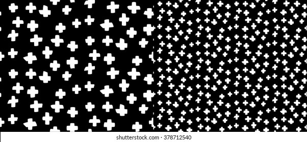 Seamless geometric plus, decorative black and white background pattern in vector