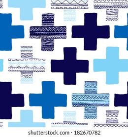 Nahtlose Geometrie plus Zeichen mit blauem Aztec-Muster dekorativem Hintergrund in Vektorgrafik