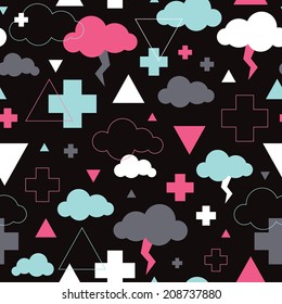 Seamless geometric plus sign triangle and cloud illustration background pattern in vector