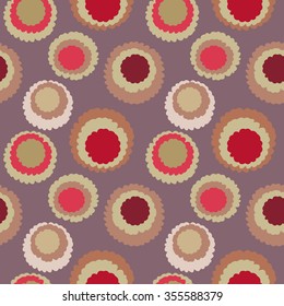 Seamless geometric polka do spotty pattern. Motley texture with circles. Round blots doodles. Brown, red, gold soft colors on gray. Winter theme. Vector