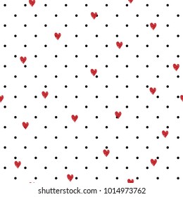 Seamless geometric polkadot pattern with red hand drawing hearts. Vector repeating texture on white