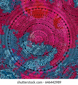 Seamless geometric print. Ethnic and tribal motifs. Circular ornament. Watercolor texture. Blue, red, pink colors. Vector illustration.