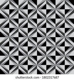 Seamless geometric print. Monochrome colors. Optical distortion of the pattern using squares and triangles