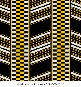 Seamless geometric print of wide vertical patterned stripes. Yellow, black, dusty white colors. Retro fashion style