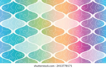 Seamless geometric rainbow pattern of shapes with wave lines in pastel colors. Vector image