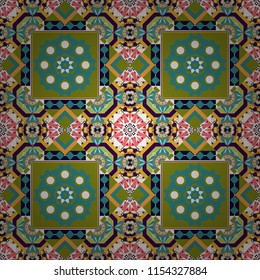Seamless geometric raster pattern, oriental style in blue, brown and orange colors.