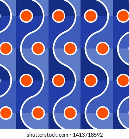 Seamless geometric repeat pattern giving a subtle three dimensional effect with wave and polka dot motifs in red, white and tints of navy blue.