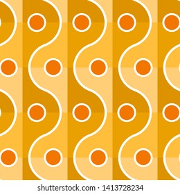 Seamless geometric repeat pattern giving a subtle three dimensional effect with wave and polka dot motifs in gold, white and red.