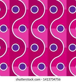 Seamless geometric repeat pattern giving a subtle three dimensional effect with wave and polka dot motifs in navy blue, white and shades of pink.