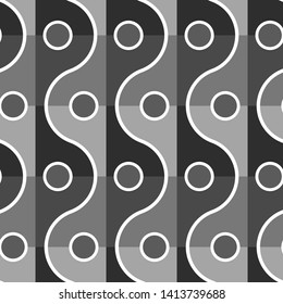 Seamless geometric repeat pattern giving a subtle three dimensional effect with wave and polka dot motifs in black, white and shades of grey.