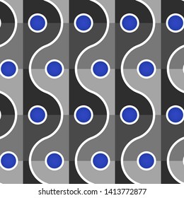 Seamless geometric repeat pattern giving a subtle three dimensional effect with wave and polka dot motifs in blue, white and shades of grey.