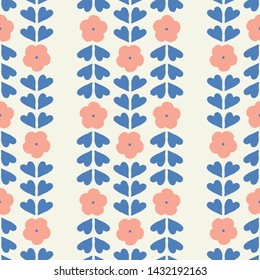 Seamless geometric repeat of stylized flowers and heart shapes leaves. A pretty hand drawn floral vector design background.