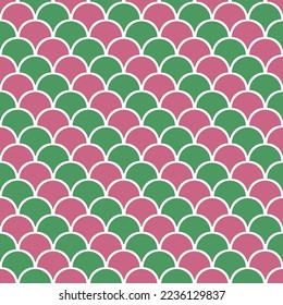Seamless geometric repeating pattern of dark pink and green semicircles 