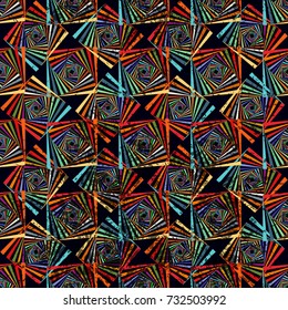 Seamless geometric retro pattern. Bright shapes on a dark vintage background.