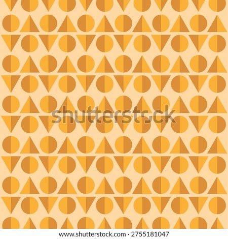 Seamless Geometric Retro Pattern with Circles and Triangles in Orange and Amber Tones, Mid-Century Modern Abstract Vector Background for Textile, Wallpaper, Fabric Print and Vintage Web Design.
