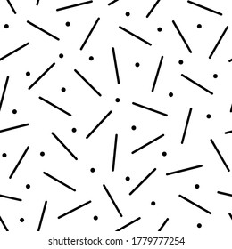 Seamless geometric rounded vintage sticks and dots in retro 80s style. Monochrome pattern. Memphis style. Can be used in textiles, fashion, apparel, paper and website.