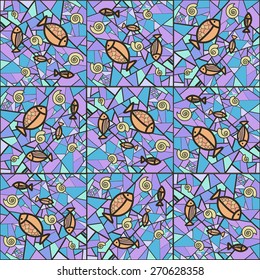Seamless geometric sea pattern with fish and shells