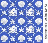 Seamless geometric sea pattern with octopus on blue background. Summer retro print. Vector.
