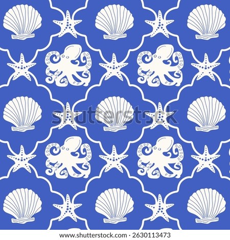 Seamless geometric sea pattern with octopus on blue background. Summer retro print. Vector.