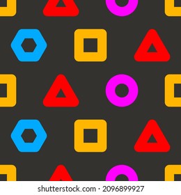 Seamless geometric shapes abstract modern pattern. Cool background with square, circle, triangle. Memphis style template. Vector trend illustration
