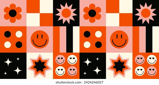 Nahtlose geometrische Formen, Hintergrund Wallpaper Muster Smiley-Gesicht Blume Rosa und Orange