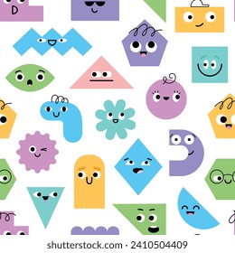 Seamless geometric shapes characters pattern. Different colored math figures with funny faces, positive emotions, vector repeat backdrop.eps
