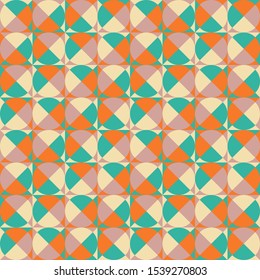 Seamless geometric simple pattern of colored triangles and circles, mosaic. Wrapping paper, tablecloth, bed linen. 