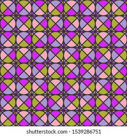 Seamless geometric simple pattern of colored triangles and circles, mosaic, with a dark outline. Wrapping paper, tablecloth, bed linen.  