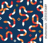 Seamless geometric snake pattern in bold red, orange and white on navy blue background. Endless vector illustration with serpent for textile design, wallpaper, branding material, wrapping paper