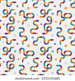 Seamless geometric snake pattern in bold purple, orange and cyan on white background. Endless illustration with serpents for textile, wallpaper, branding material, wrapping paper. 2025 Year of Snake 