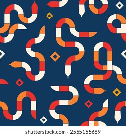 Seamless geometric snake pattern in bold red, orange and white on navy blue background. Endless vector illustration with serpent for textile design, wallpaper, branding material, wrapping paper