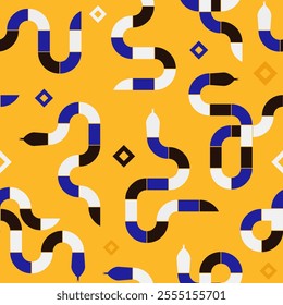 Seamless geometric snake pattern in bold blue, black, and white on vibrant yellow background. Endless vector illustration with serpent for textile design, wallpaper, branding material, wrapping paper