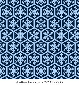 Nahtloses geometrisches Schneeflocken-Muster in Frostblau auf sechseckigen Fliesen. Perfekt für Wintermarken, Verpackungen, Stoffdrucke und modernes saisonales Design.