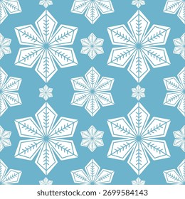 Seamless geometric snowflake pattern on blue background, modern winter design for holiday wrapping paper, textile prints, Christmas cards, wallpapers, and seasonal decorative graphic projects.