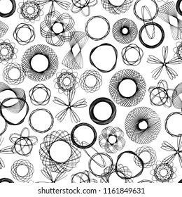 Seamless geometric spirograph patterns. Black and white vector illustration.