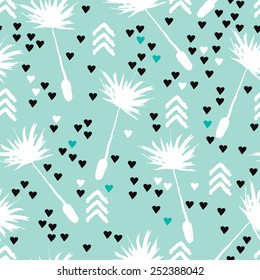 Seamless geometric spring flower poppy grass dandelion hearts and arrow illustration background pattern in vector 