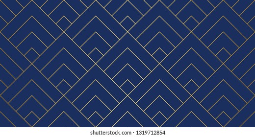 Seamless geometric squares pattern with gold lines on blue background.