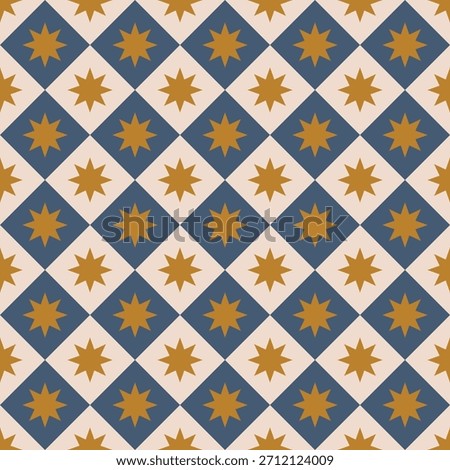 Seamless Geometric Star Pattern with Blue and Beige Diamonds