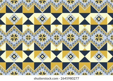 Seamless geometric starburst pattern in shades of blue, yellow, and cream, featuring intricate diamond and triangle motifs, symmetry, for modern textile, background wallpaper, tileable, fabric designs