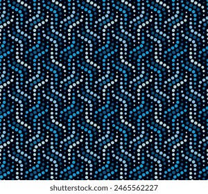 Patrón de rayas geométricas sin fisuras con líneas de puntos onduladas azules sobre un fondo negro. Estilo moderno de puntos.