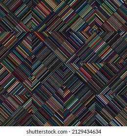 Seamless geometric striped pattern with diagonal multicolored segmented lines. Mosaic with bright colors on a black background. Vector illustration for textile, wrapping, and packaging.