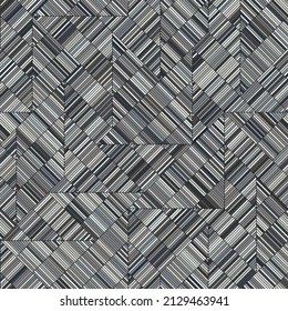 Seamless geometric striped pattern. Diagonal segmented stripes in a modern herringbone design. Grey tiles on a black background. Vector illustration for texture, packaging, wrapping, and textile. 