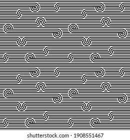 Seamless geometric striped pattern. Monochrome striped loopy ribbon, with maze elements. Geometric graphic texture. Endless striped monochrome background with winding elements. Vector