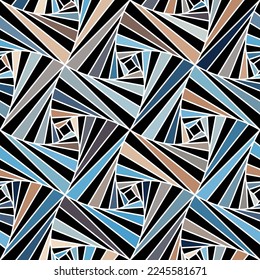 Seamless geometric striped pattern with multicolored segments in shades of blue, black, and brown on white background. Modern ethnic style. Abstract texture.  Decorative vector illustration.